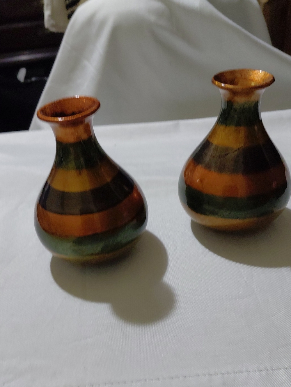Striped Copper and Forest Green Ceramic Accent Vases - Set of 2